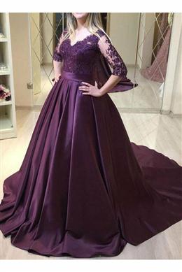Picture of Purple Satin 1-2 Sleeves Lace Top Long Formal Dresses, Purple Evening Dresses Party Dresses